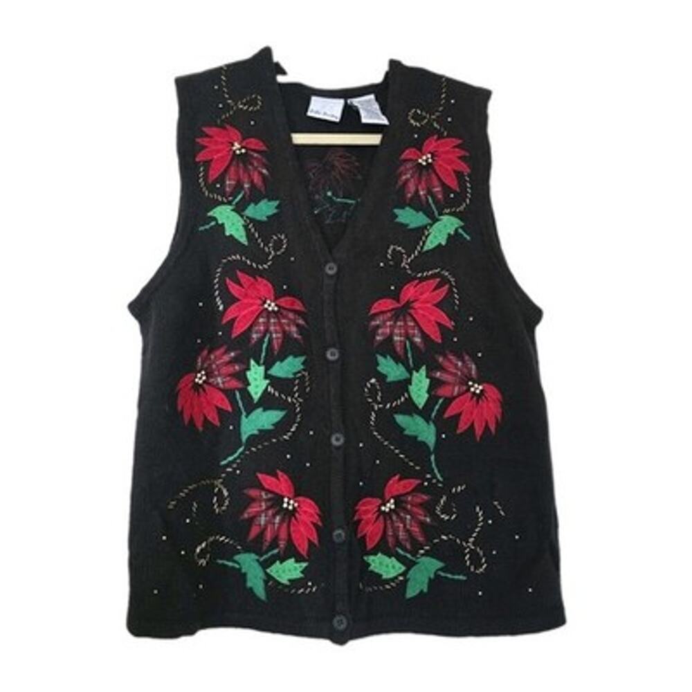 Vintage Christmas Sweater Vest Womens L Poinsettia Beads Grandma Cottagecore 90s